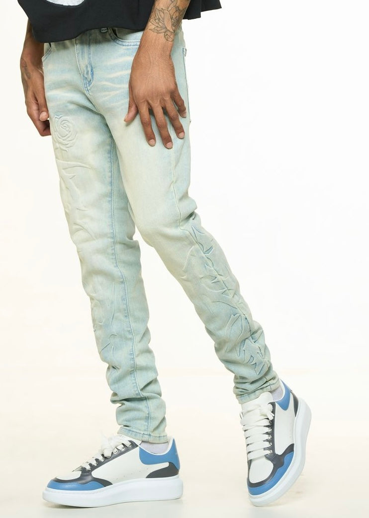 Pheelings “Love Is Pain” Blue Embossed Skinny Jeans