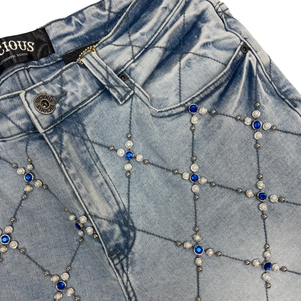 Vicious “Pearl Diamond” Stone Indigo Blue Shorts