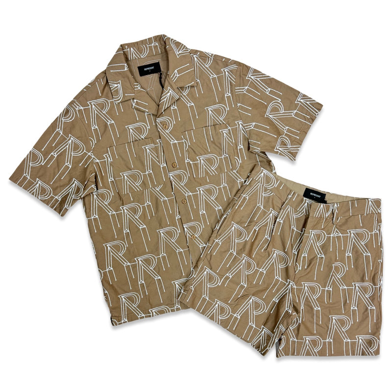 Represent Taupe Embroidered Initial Short Set