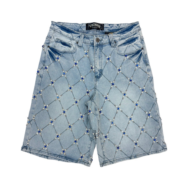 Vicious “Pearl Diamond” Stone Indigo Blue Shorts